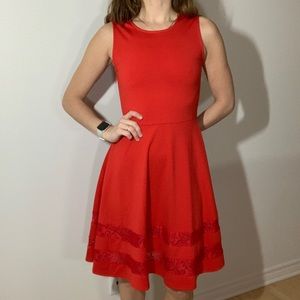 Sleeveless red cocktail party dress with lace